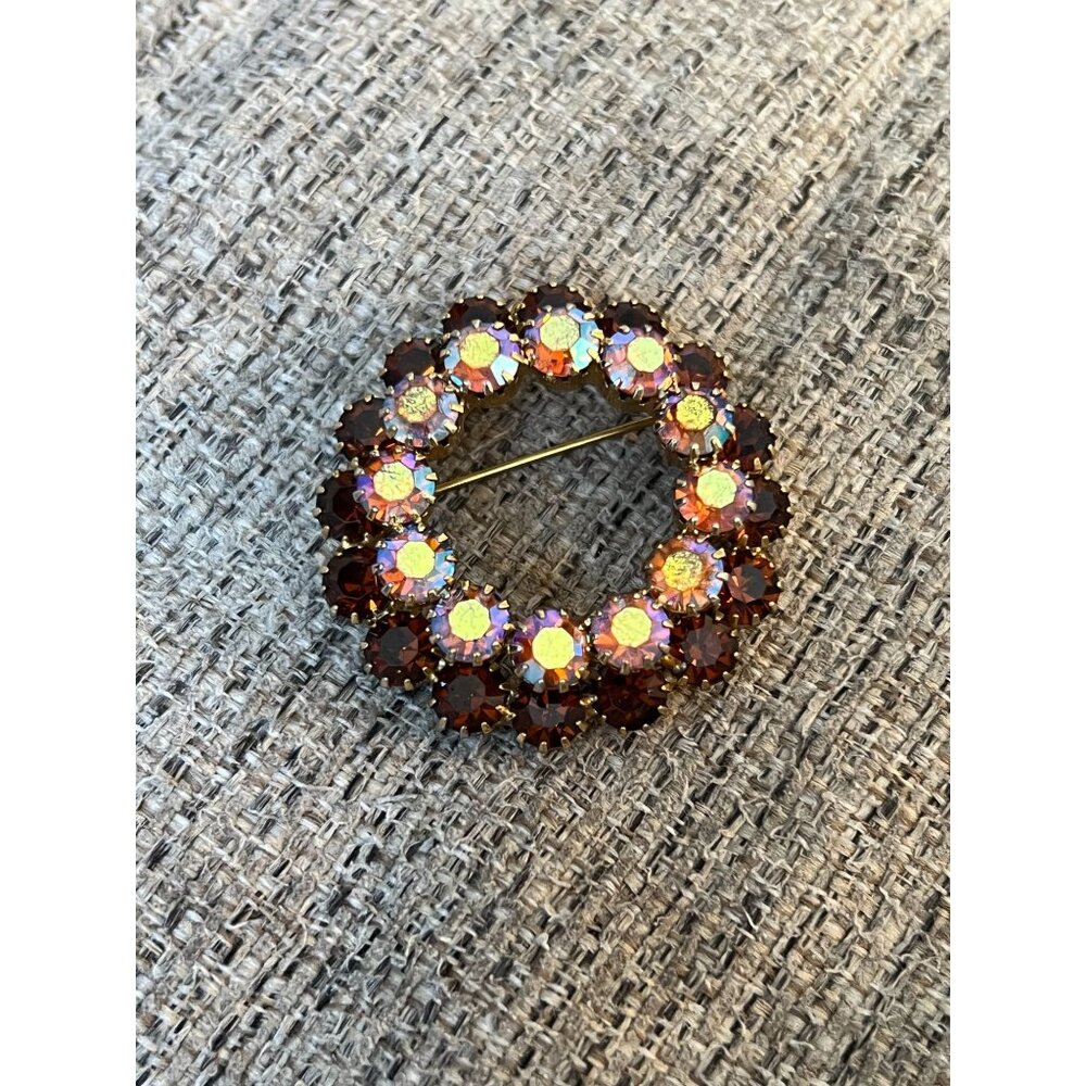 Vintage Rhinestone Wreath Brooch With Citrine & Amber Stones